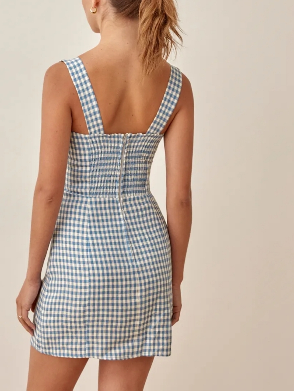 Reformation Brigitte Linen Dress Blue Gingham Print Size 6 - Picture 3 of 10